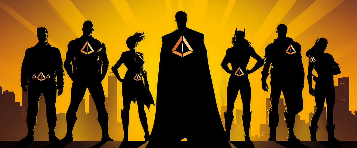 A team of superhero silhouettes against a sunrise background each wearing a PrismHQ icon