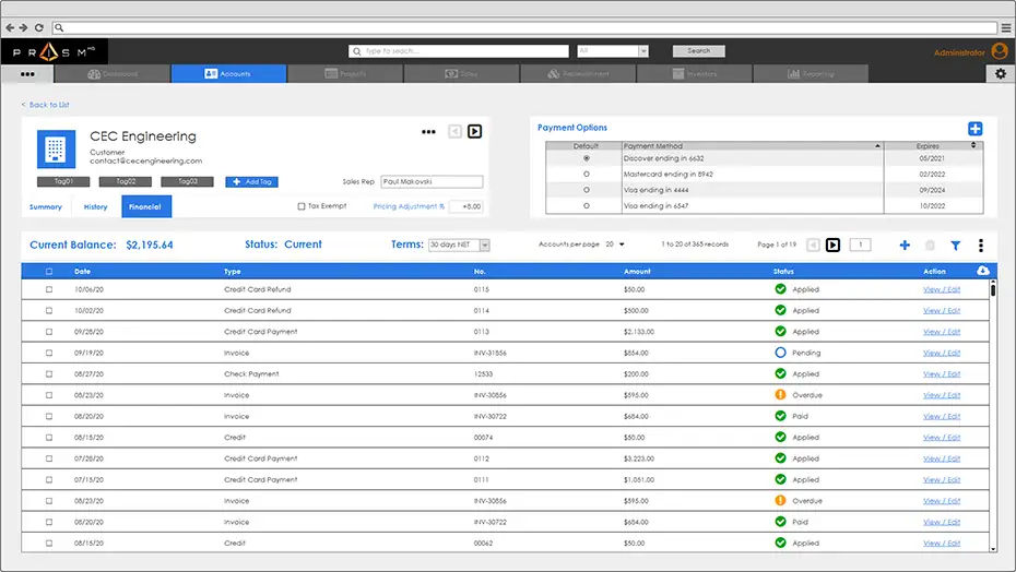 PrismHQ Inventory management system - project management screens