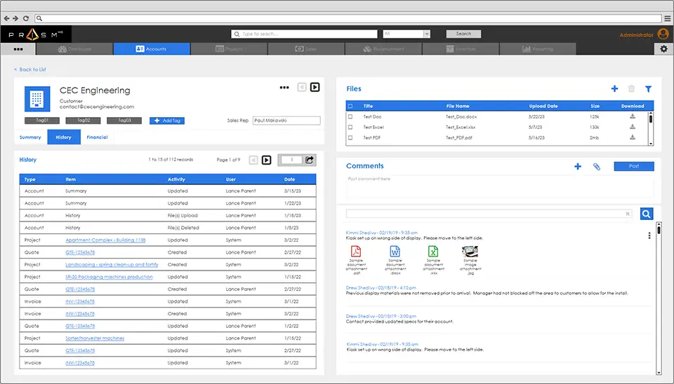 PrismHQ Inventory management system - project management screens