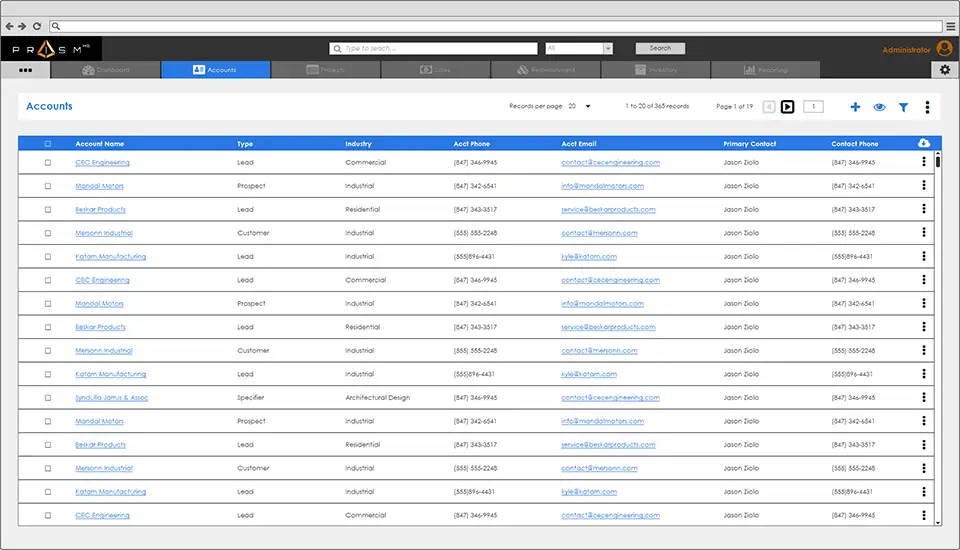 Account management list screen