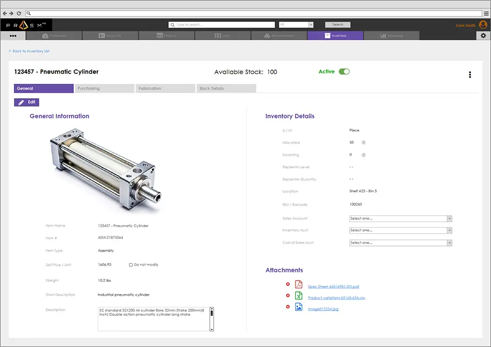 Inventory Management details screen