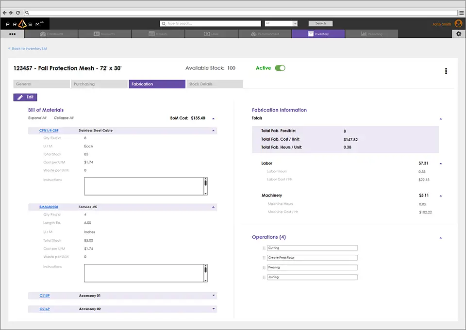 Inventory Management fabrication screen