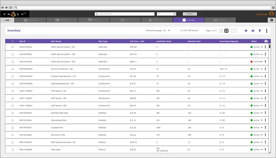 Inventory Management list screen