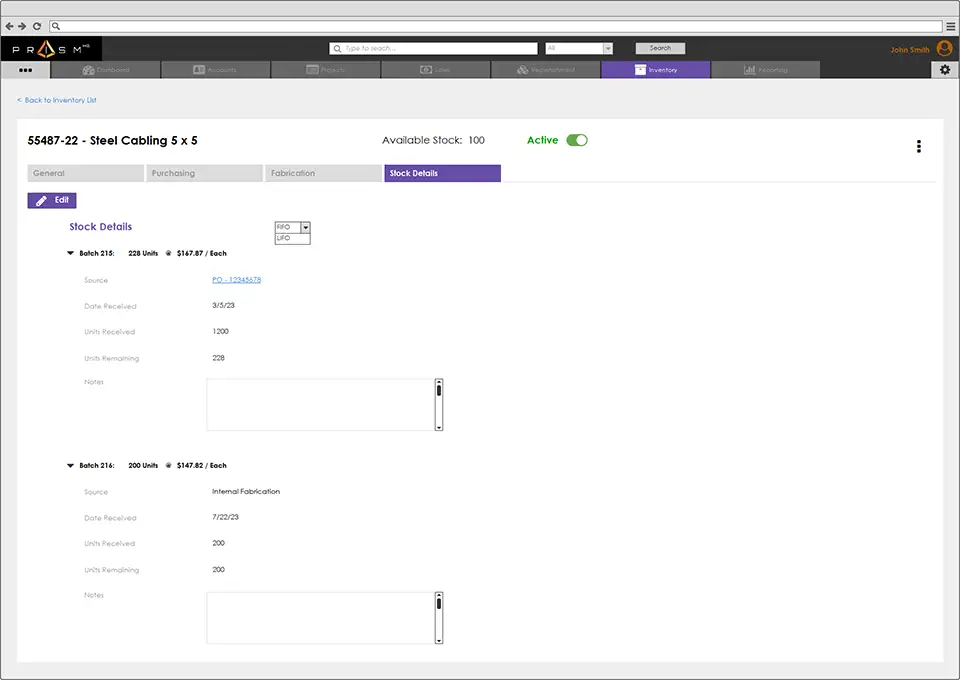 Inventory Management stock details screen