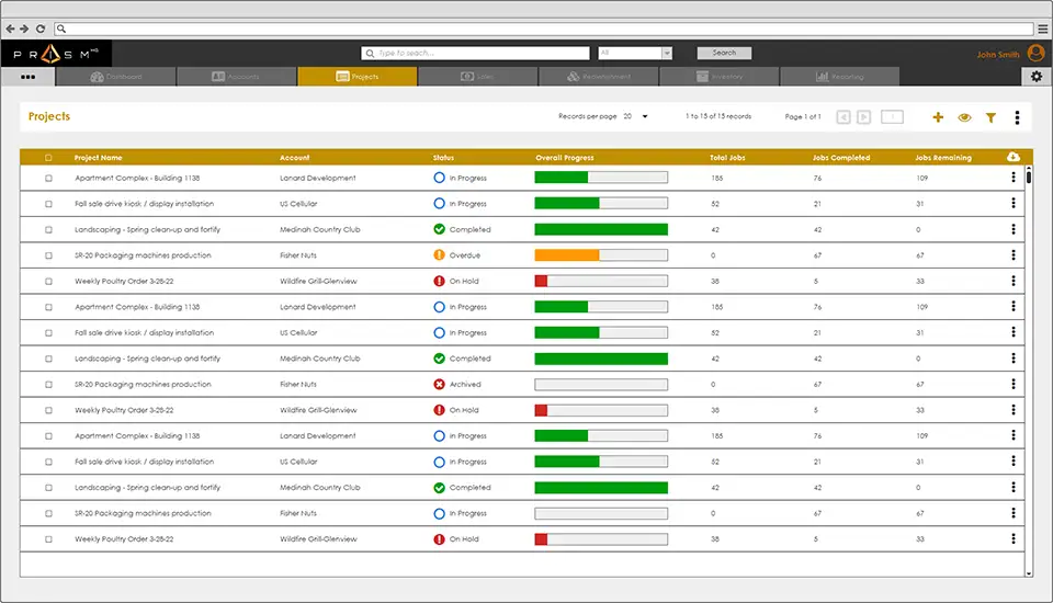 Project Management list screen