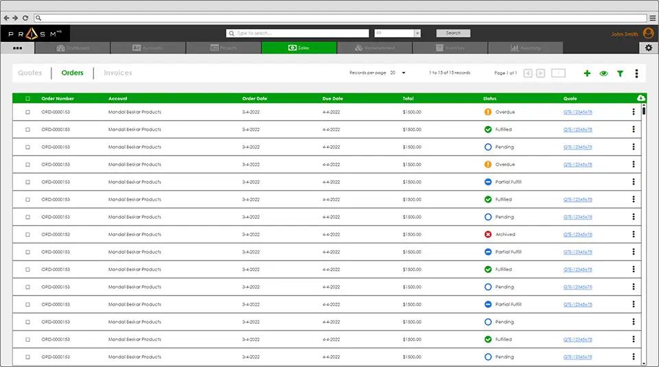 Order Management List screen