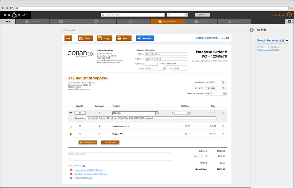 Purchase Order and Work Order Details