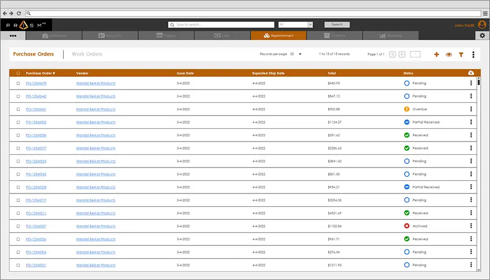 Purchase orders and work orders list